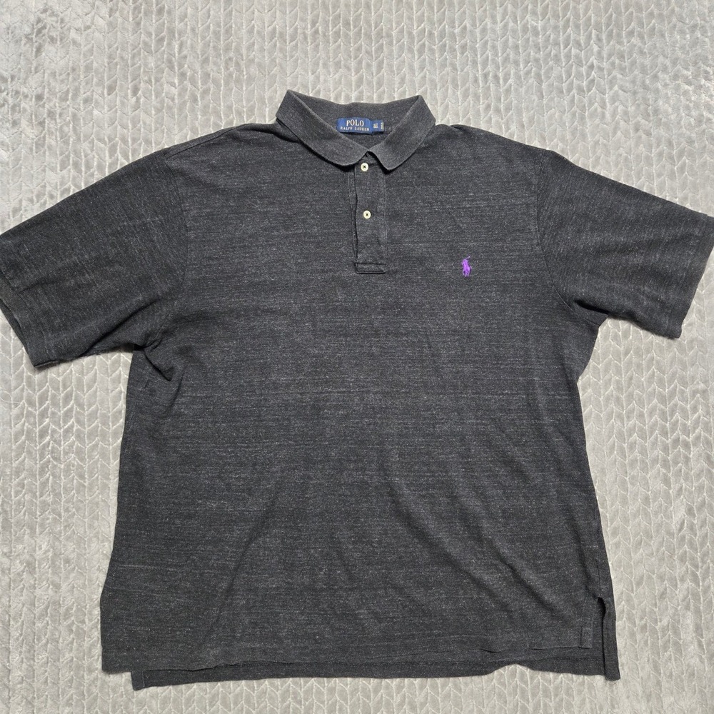 Polo Ralph Lauren Mens‎ XLT Tall Charcoal Grey Heathered Polo Shirt Purple Pony
